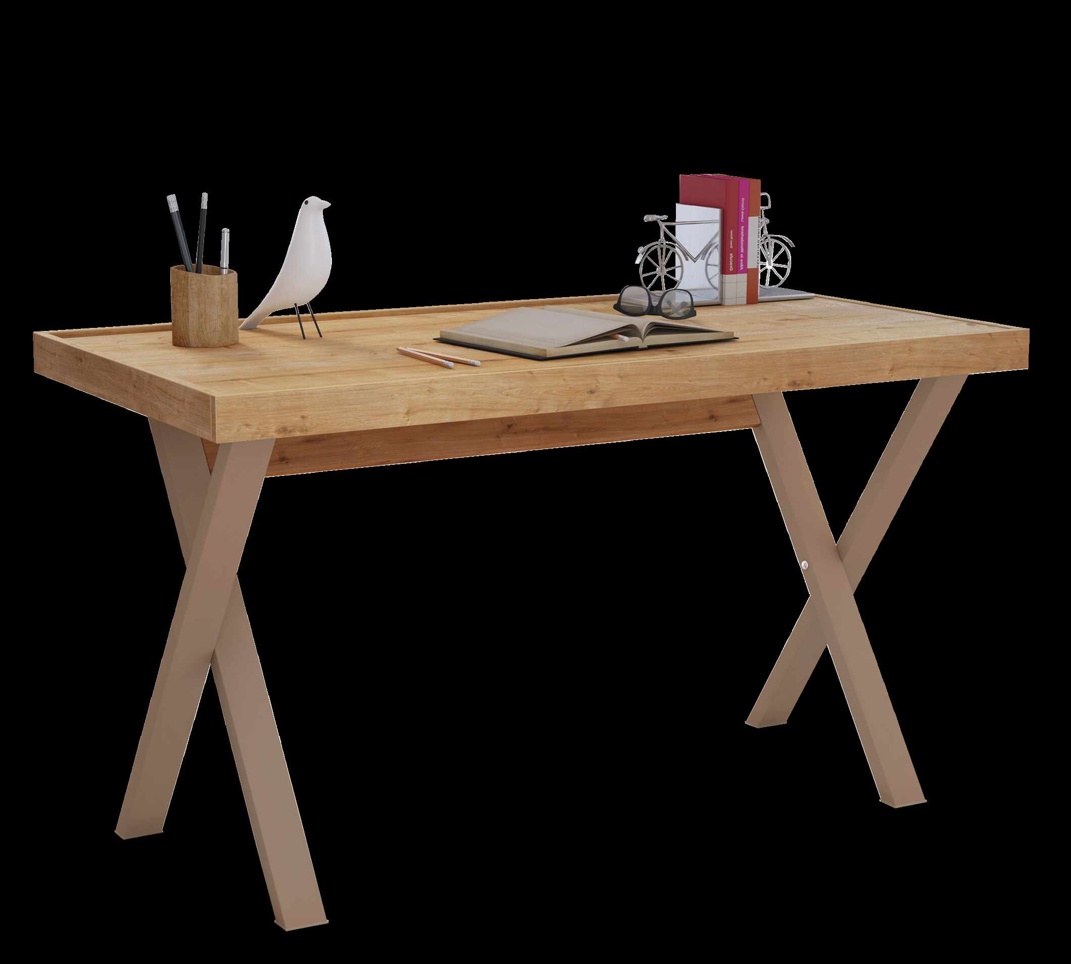 Masa de birou din pal si metal, pentru tineret Young Stejar, L130xl70xH75,5 cm