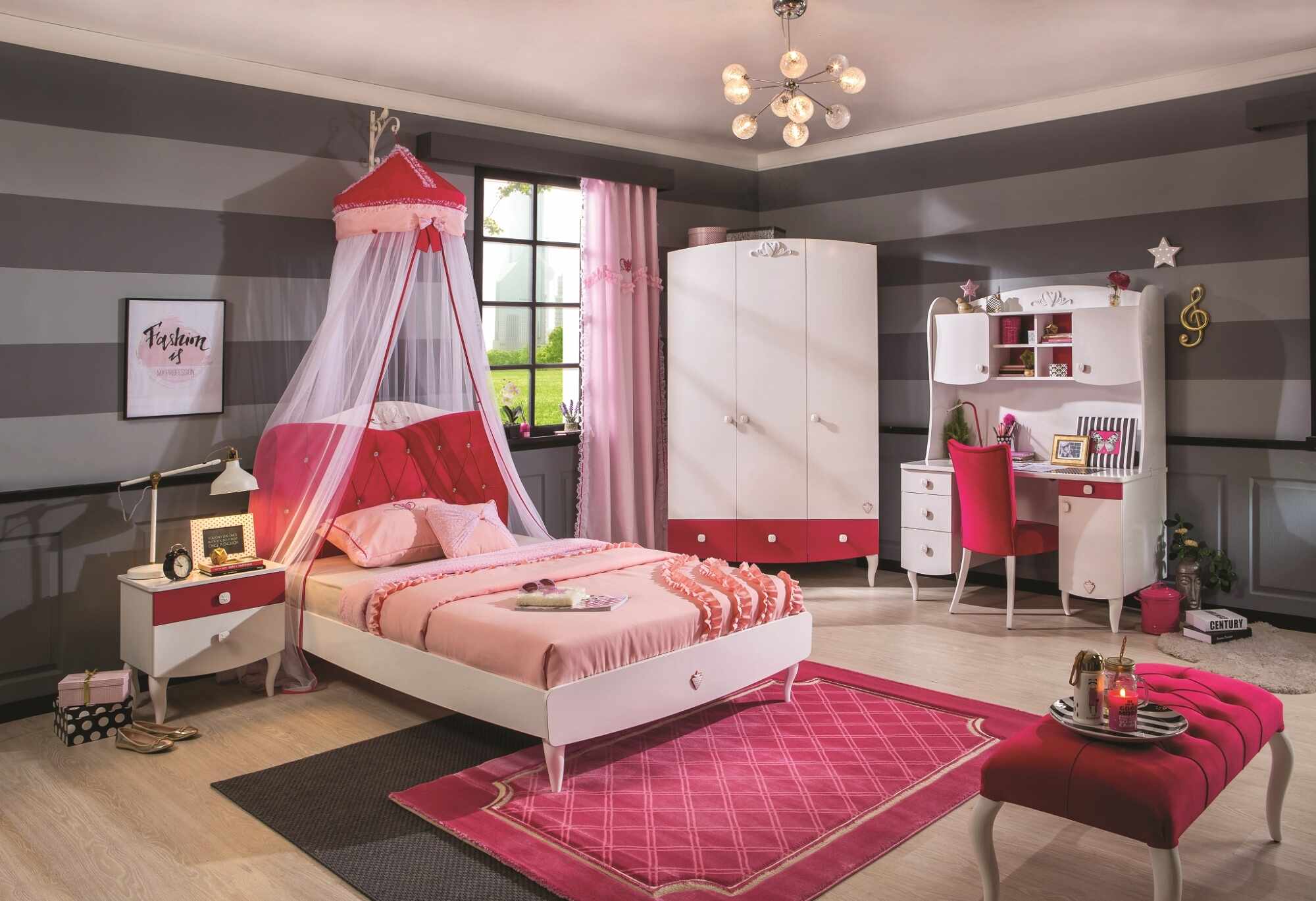 Set Mobila dormitor din pal, pentru fete si tineret, 5 piese, Yakut Alb / Roz, 200 x 120 cm