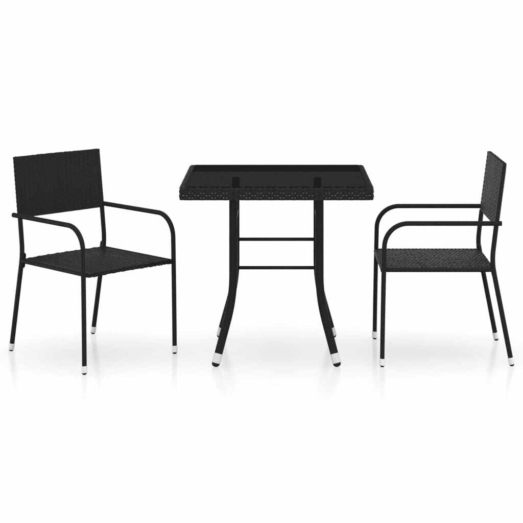 Set masa + 2 scaune pentru gradina / terasa, din sticla, ratan sintetic si metal, Ellis Negru, L80xl80xH74 cm
