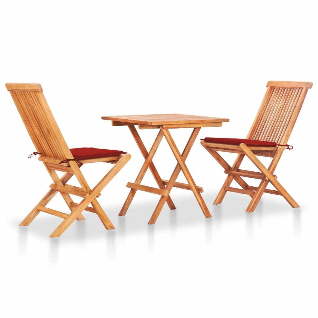 Set masa + 2 scaune pliabile pentru gradina / terasa, din lemn de tec, Arlo Natural / Rosu, L60xl60xH65 cm