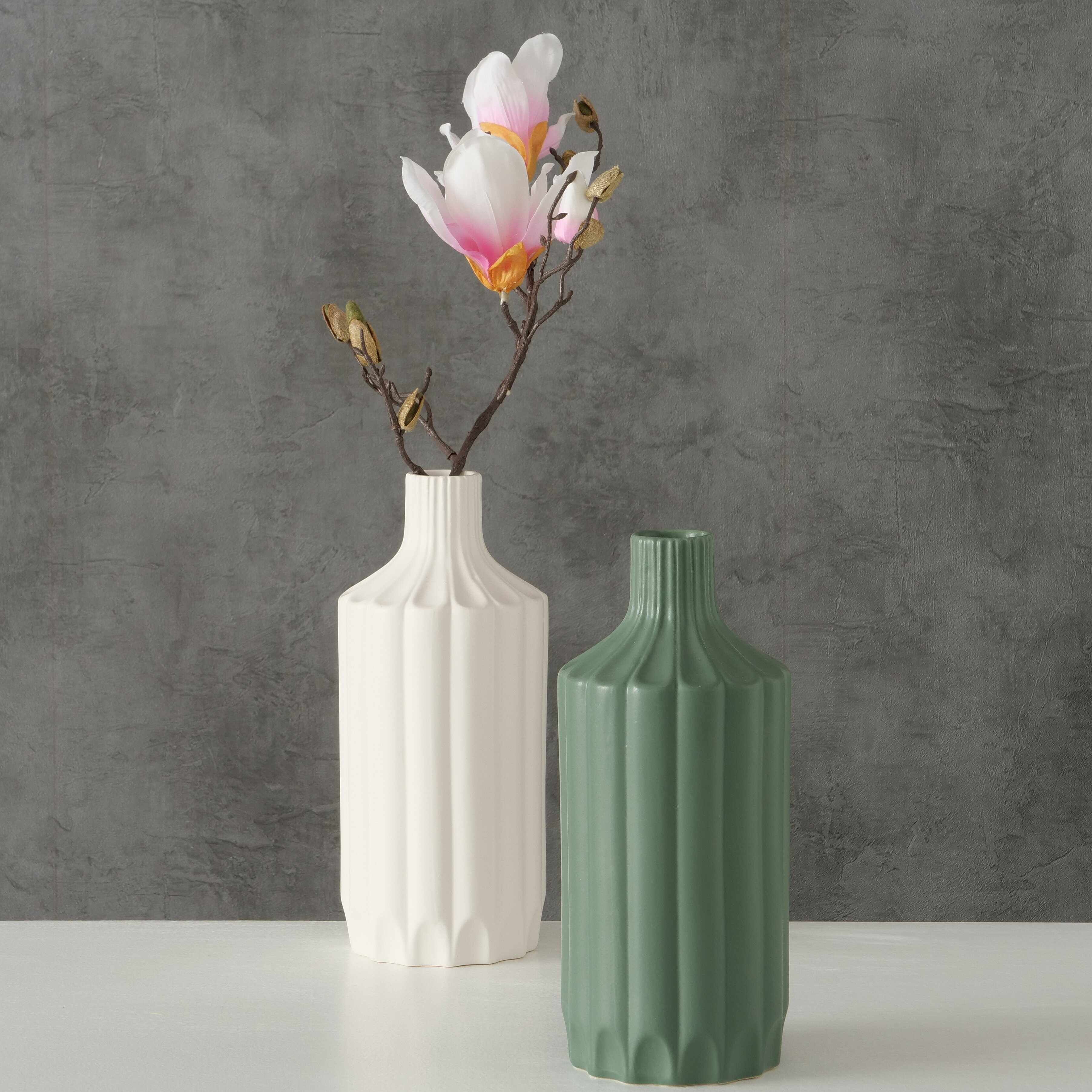 Set 2 vaze decorative din ceramica, Salitas Alb / Verde Mat, Modele Asortate, Ø11xH26 cm