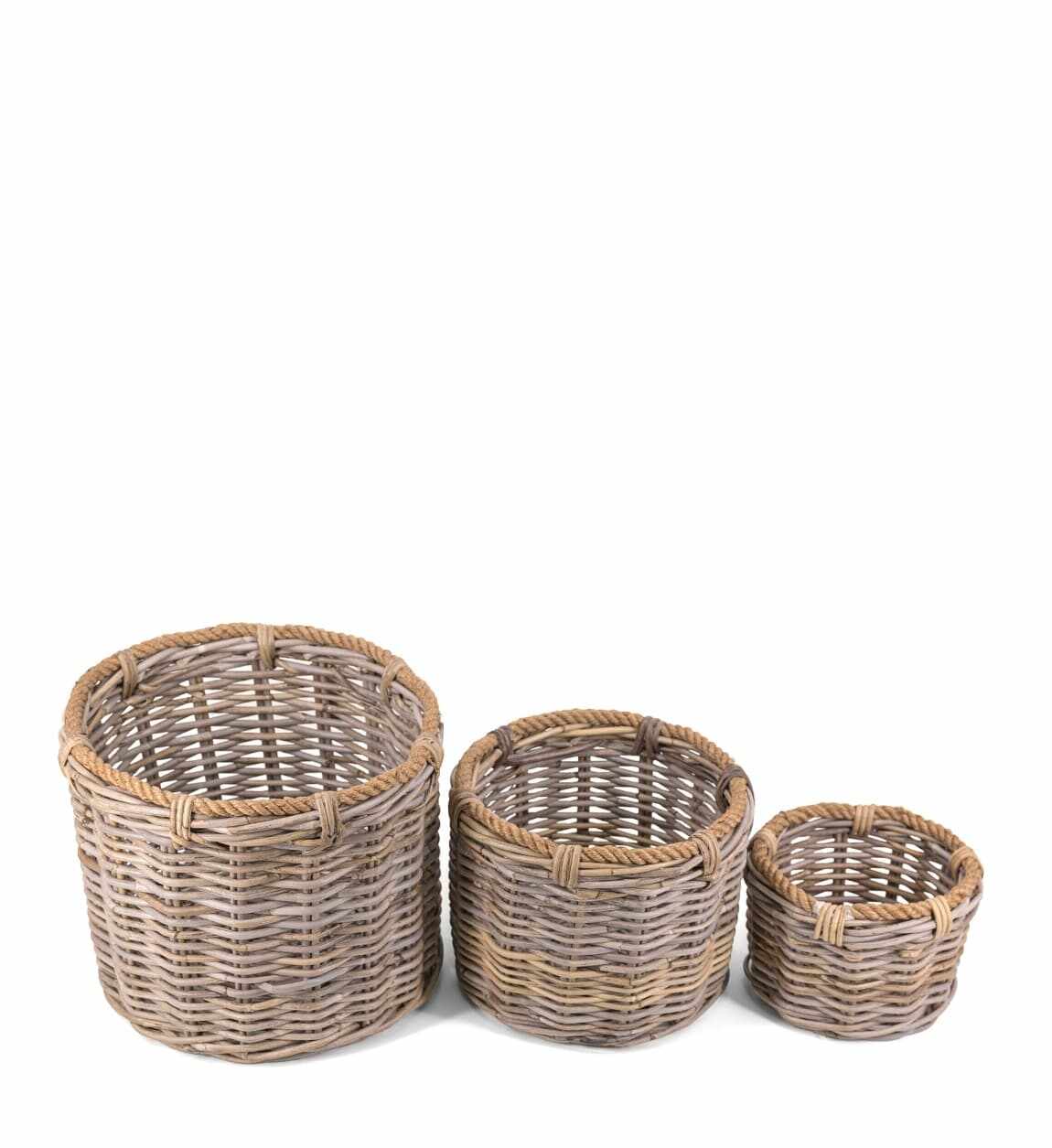 Set 3 cosuri pentru depozitare, din ratan Basketry Natural, Ø40xH32 cm / Ø32xH25 cm / Ø22xH18 cm