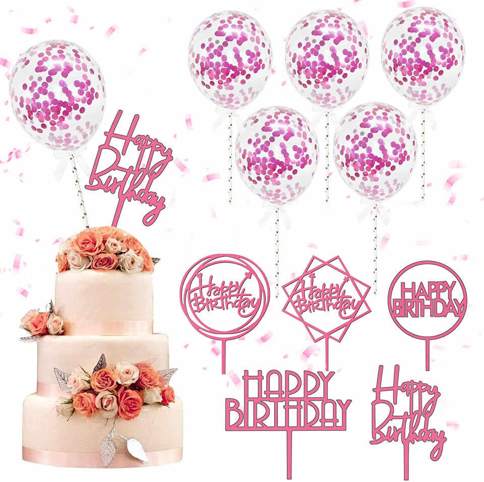 Set de 6 decoratiuni pentru tort Sunshine, acril, alb/roz