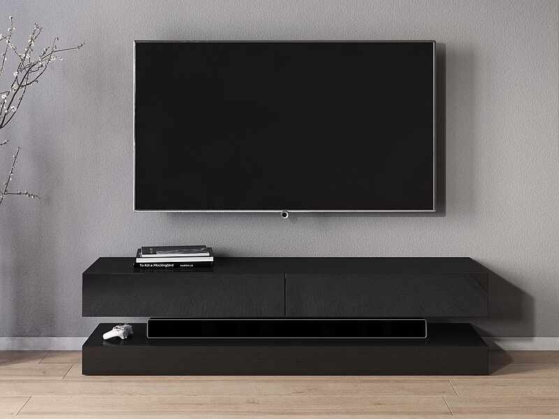 Comoda TV din MDF si pal, cu 2 sertare, Cosmo Negru, l140xA33,8xH45 cm