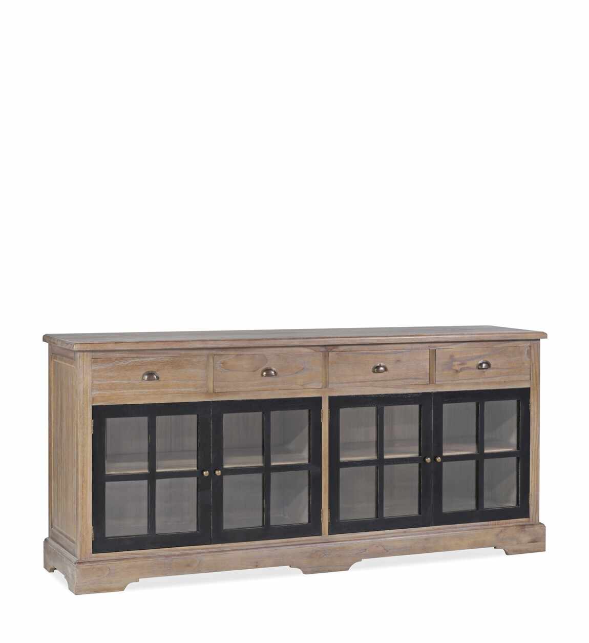 Comoda cu vitrina din lemn, cu 4 sertare si 4 usi, Siena Natural / Negru, l200xA47xH90 cm