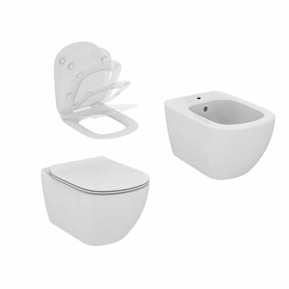 Set vas wc cu capac softclose si bideu suspendat Ideal Standard Tesi AquaBlade