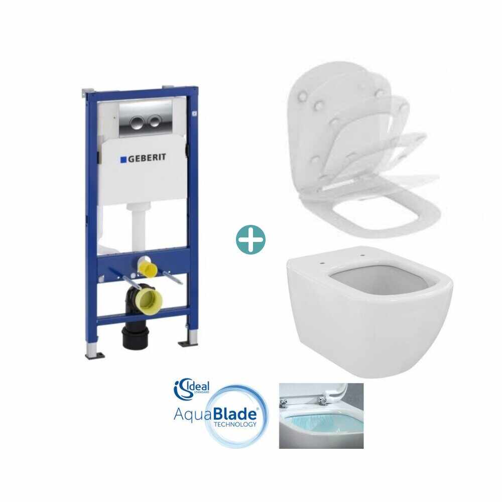 Set vas wc suspendat Ideal Standard Tesi AquaBlade cu capac si rezervor Geberit Duofix