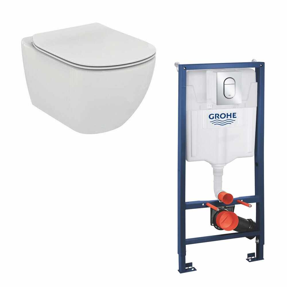 Set vas wc Ideal Standard Tesi AquaBlade cu capac soft close si rezervor Grohe cu clapeta Arena Cosmopolitan S