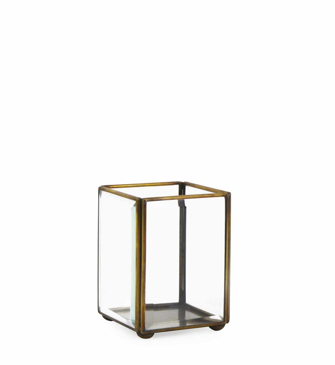 Suport lumanare din sticla si metal, Square Bezel Transparent / Alama, L8xl8xH10 cm