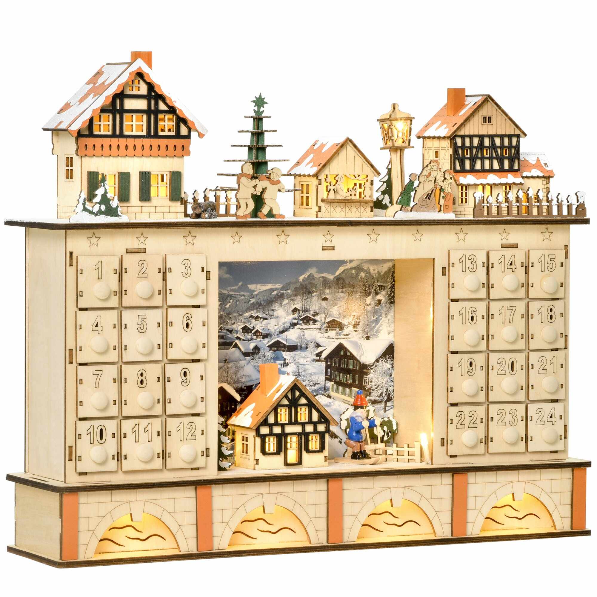 HOMCOM Calendar de  Advent din Lemn cu 24 de Sertare de Umplut, Decoratiune cu  Satul de Craciun si Lumini, 44x10x37cm