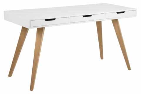 Masa de birou din MDF si lemn, cu 3 sertare, Estelle Alb / Frasin, L141,8xl60xH75,8 cm