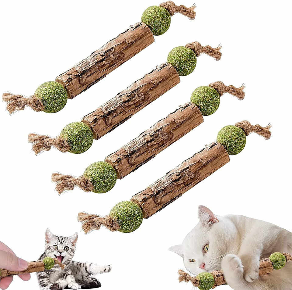 Set de 4 betisoare pentru pisici Sunshine, lemn, natur/verde, 12 cm