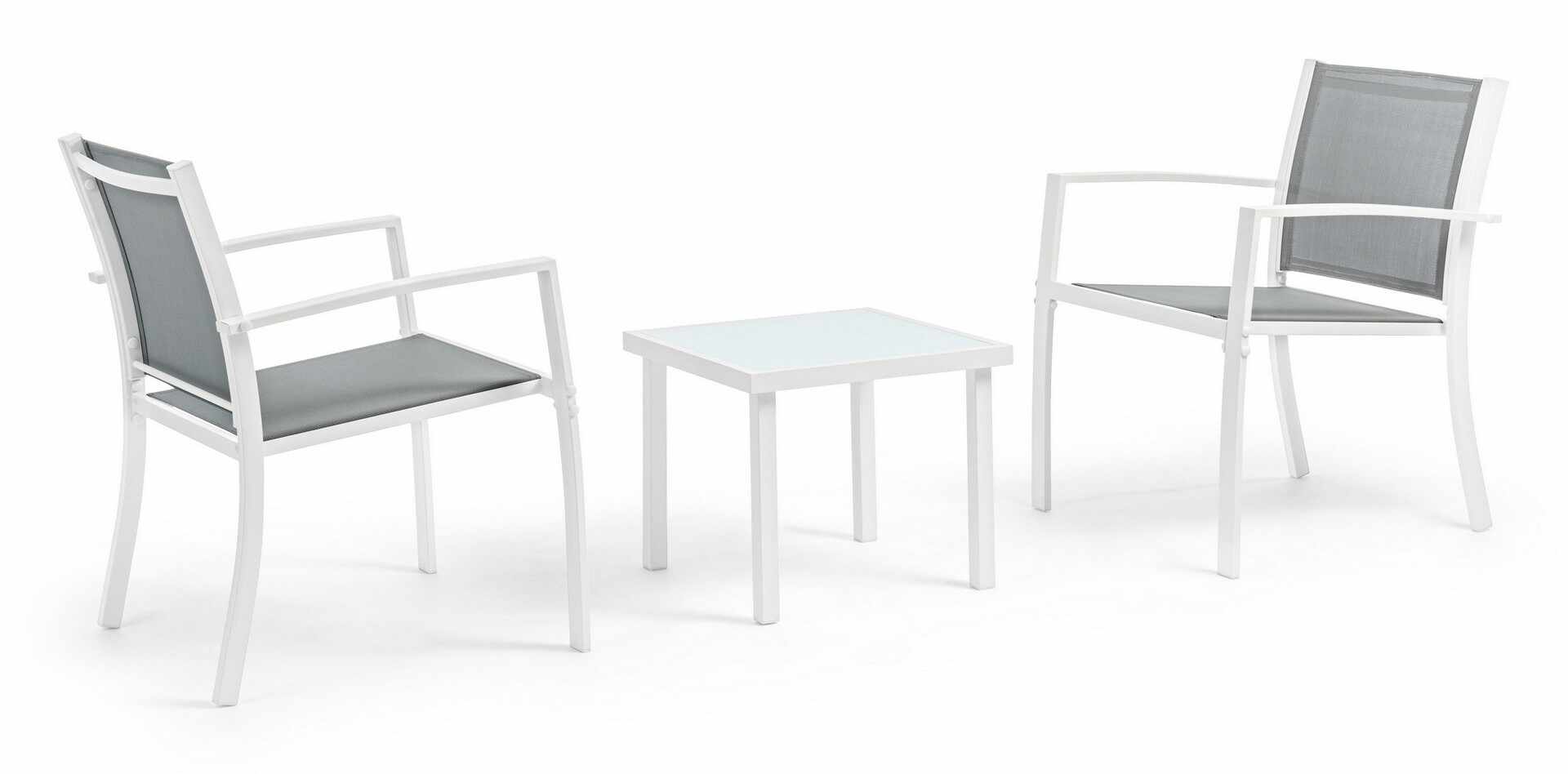 Set masa de cafea + 2 scaune pentru gradina / terasa, din sticla, material textil si metal, Auri Gri / Alb, L45xl45xH38 cm