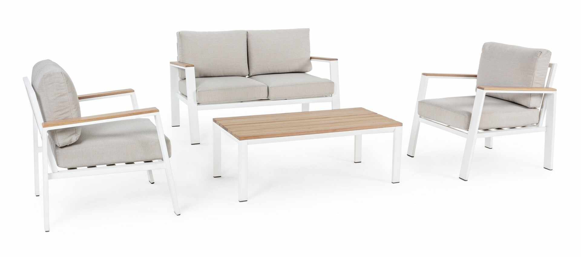 Set mobilier pentru gradina / terasa, Belmar Natural / Alb, 2 fotolii + canapea 2 locuri + masa de cafea