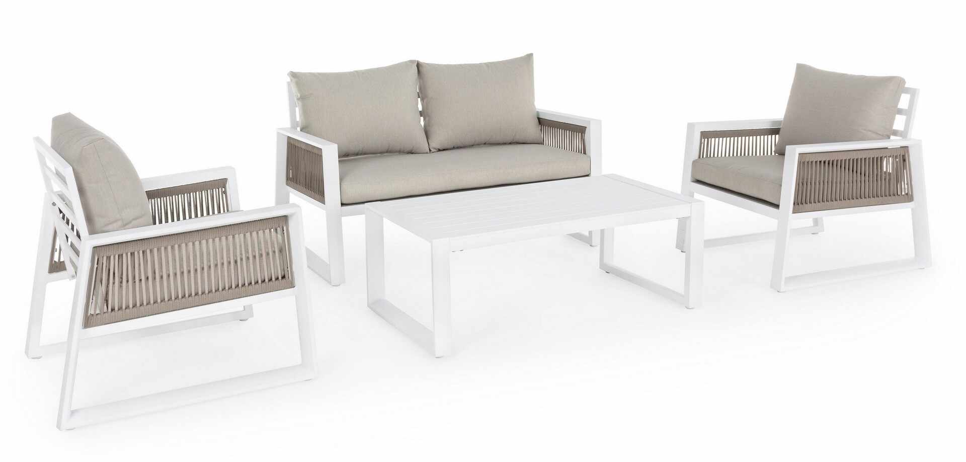 Set mobilier pentru gradina / terasa, Captiva Gri / Alb, 2 fotolii + canapea 2 locuri + masa de cafea