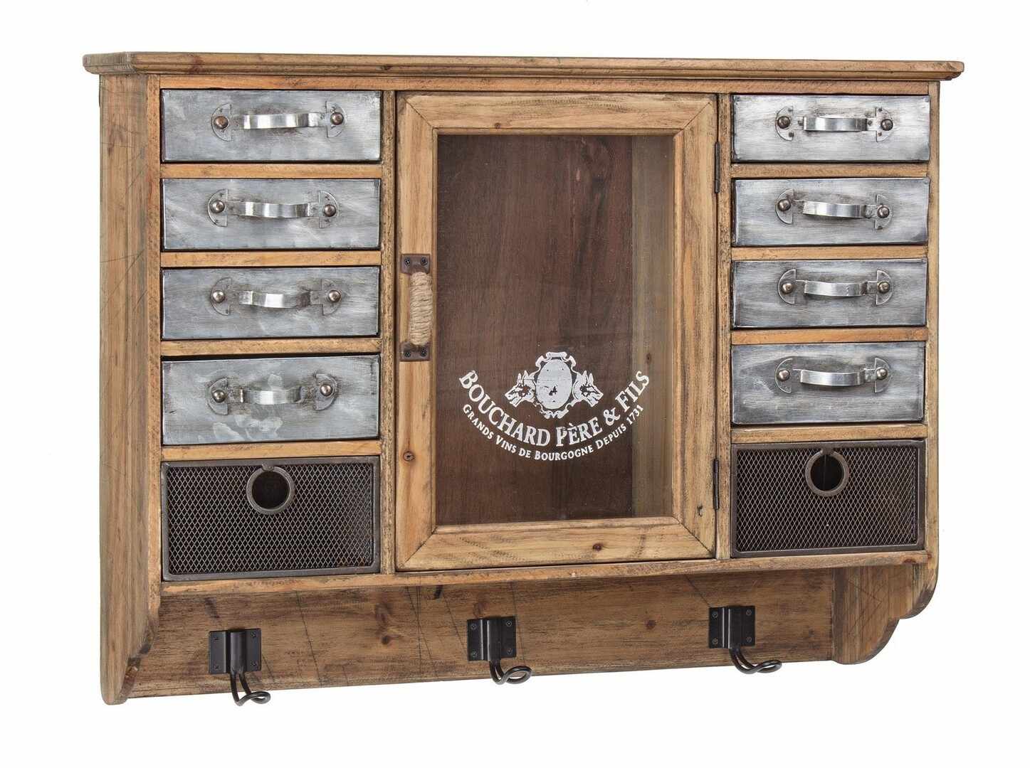 Cabinet suspendat din lemn de pin, cu 10 sertare si 1 usa, Officia Natural / Gri, l59,5xA17,5xH46,5 cm