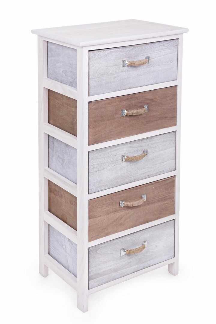 Cabinet din lemn de Paulownia, cu 5 sertare Meredith Ivoir / Gri / Maro, l40xA29xH90 cm