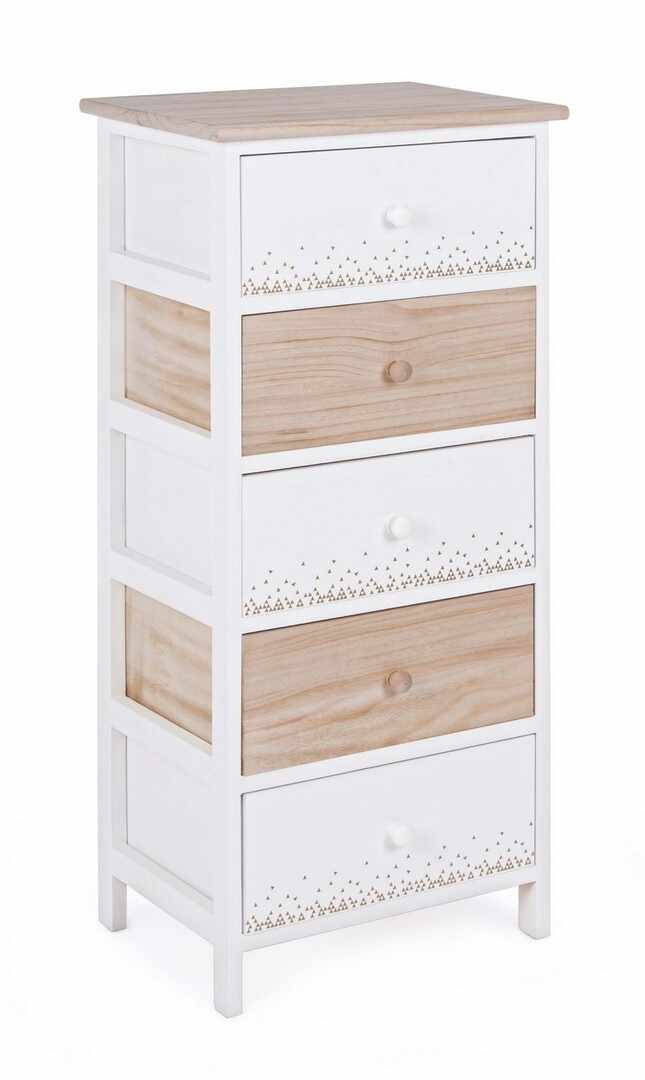 Cabinet din lemn de Paulownia si MDF, cu 5 sertare Ally Alb / Natural, l40xA29xH90 cm