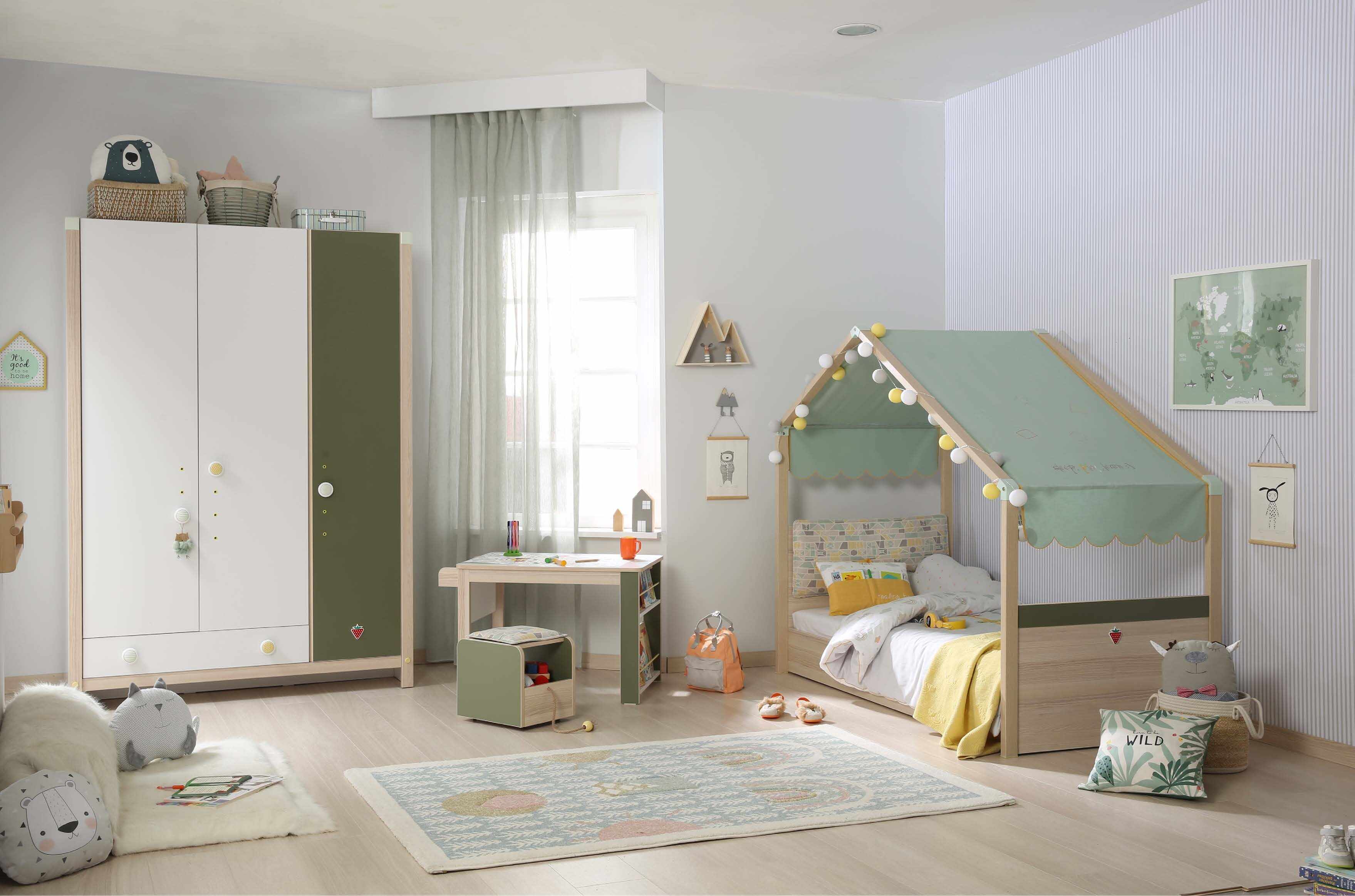Set Mobila dormitor din pal, pentru copii 4 piese Montessori Natural / Verde, 180 x 80 cm