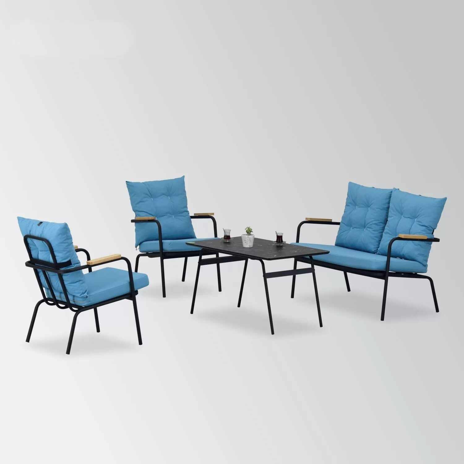 Set mobilier gradina / terasa Beymen Albastru / Negru, 2 fotolii + canapea 2 locuri + masa de cafea