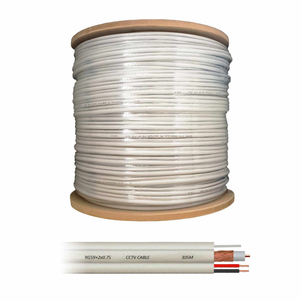 Cablu coaxial RG59 + alimentare 2 x 0.75 cu sufa, cupru, pret / rola 305 m