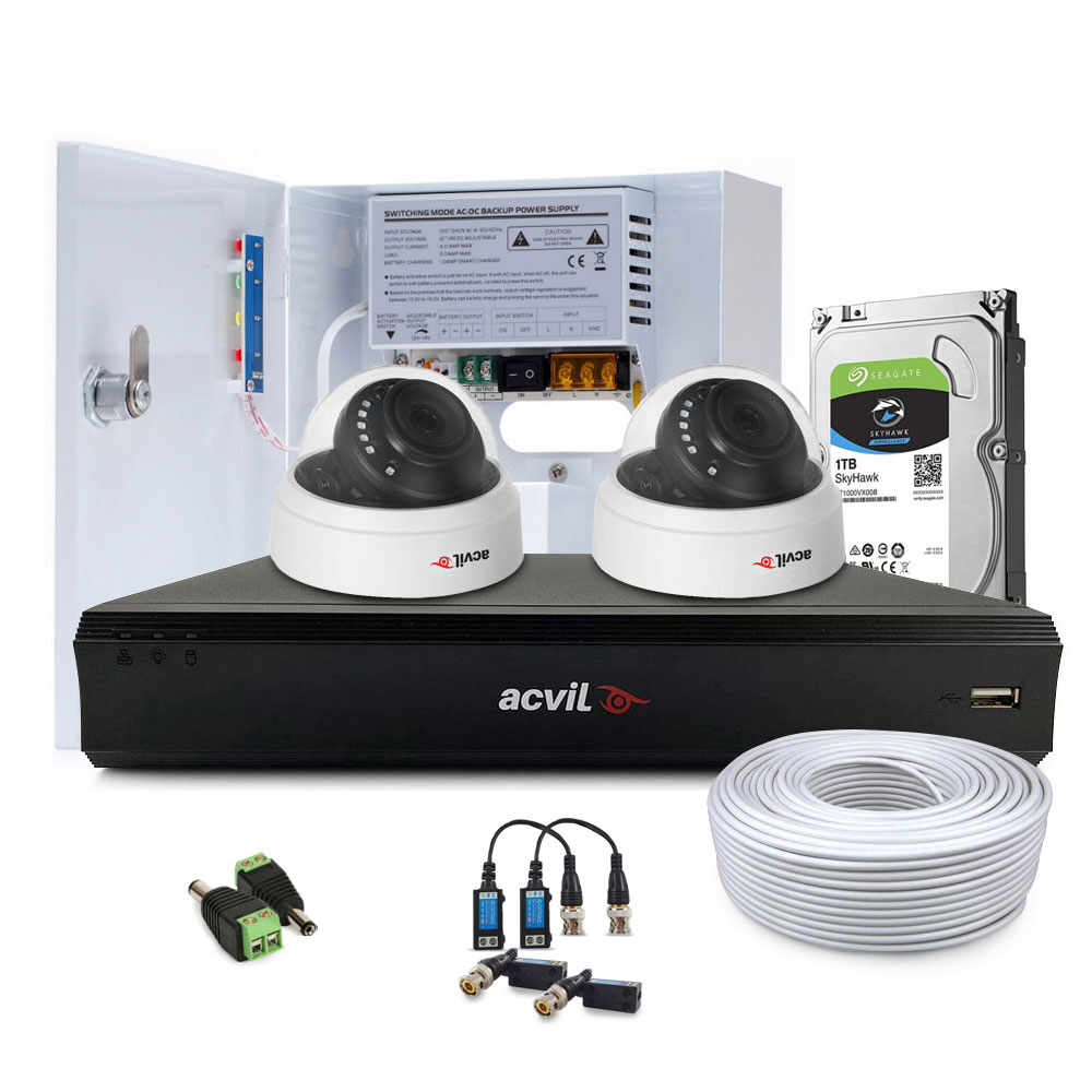 Sistem supraveghere interior complet Acvil Pro ACV-C2INT20-5MP, 2 camere, 5 MP, IR 20 m, 2.8 mm, PoS, audio prin coaxial