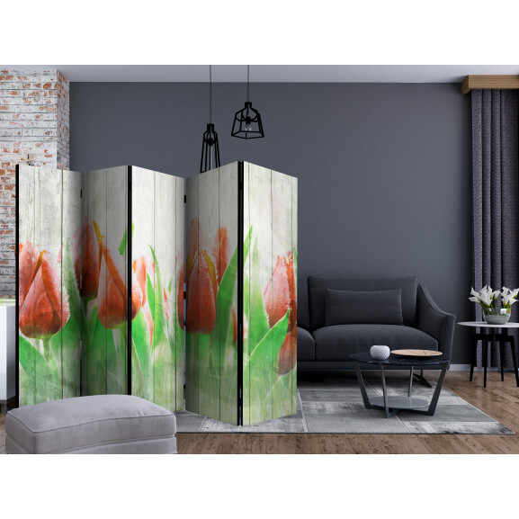 Paravan Red Tulips On Wood Ii [Room Dividers] 225 cm x 172 cm