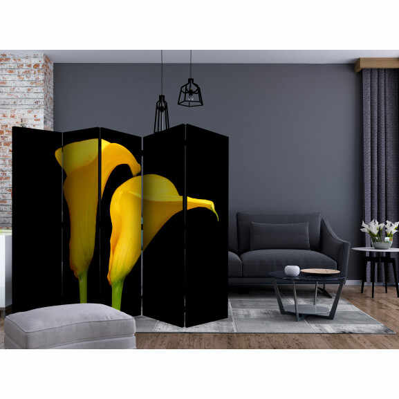 Paravan Two Yellow Calla Flowers On A Black Background Ii [Room Dividers] 225 cm x 172 cm