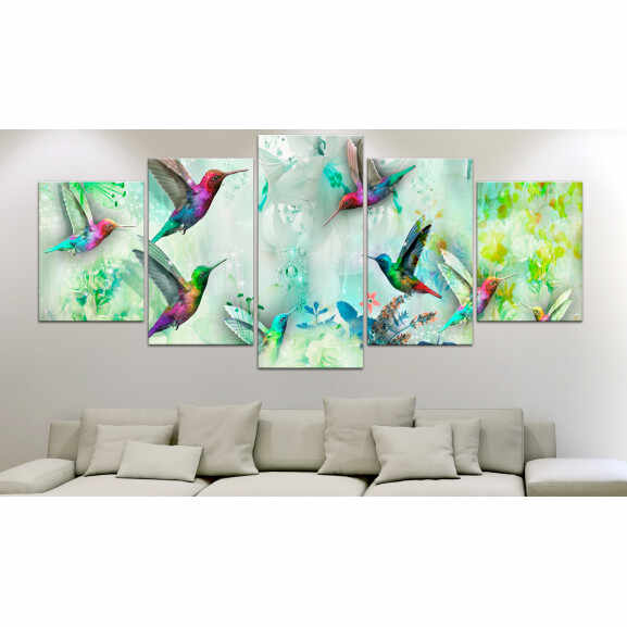 Tablou Colourful Hummingbirds (5 Parts) Wide Green