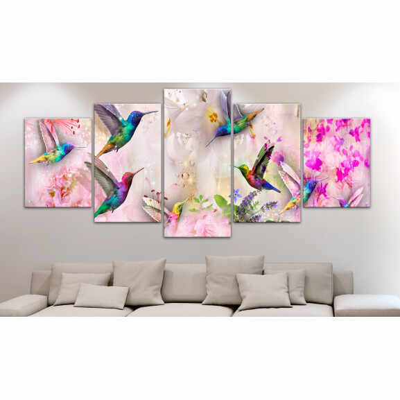 Tablou Colourful Hummingbirds (5 Parts) Wide Pink