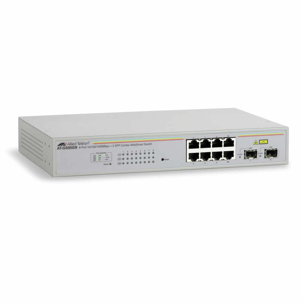 Switch cu 8 porturi Allied Telesis AT-GS950/8-50, 16 Gbps, 11.9 Mpps, 8.000 MAC, 2 porturi SFP, cu management
