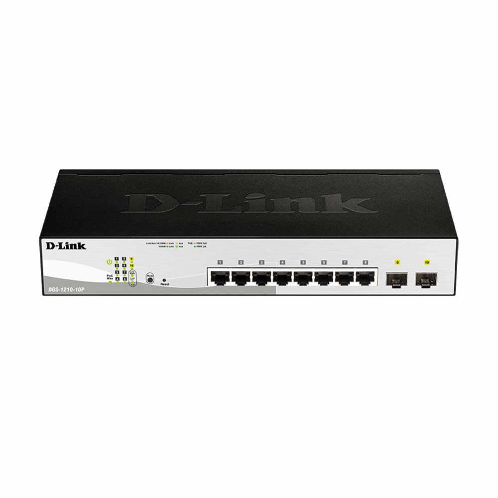 Switch cu 8 porturi D-Link DGS-1210-10P, 2 porturi SFP, 20 Gbps, 14.88 Mpps, 8.000 MAC, 1U, PoE, cu management