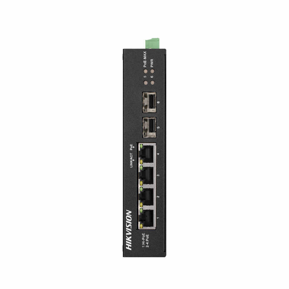 Switch cu 3 porturi PoE Gigabit Hikvision DS-3T0506HP-E/HS, 1 port Gigabit Hi-PoE, 2 porturi SFP, 12 Gbps, 8.928 Mpps, 4.000 MAC, fara management