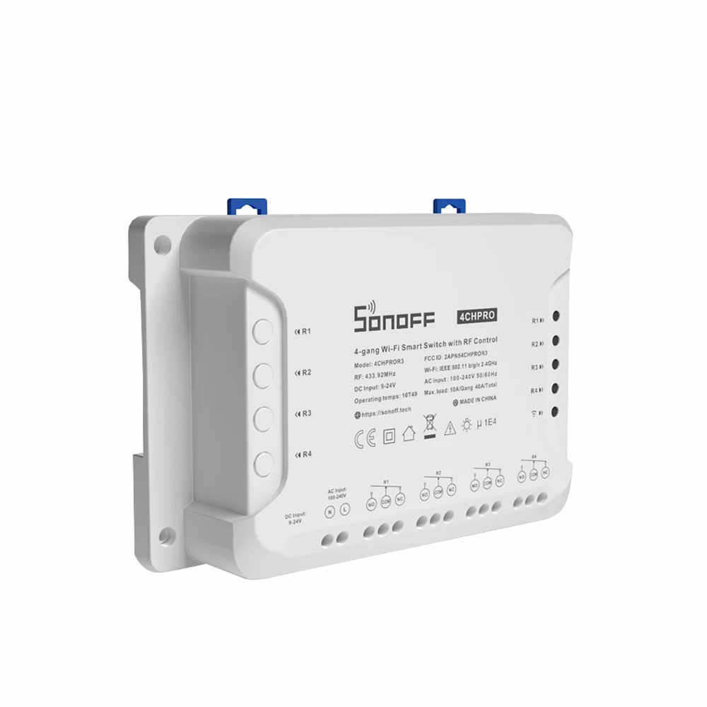Modul de comanda smart WiFi Sonoff 4CHPROR3, 4 canale, 40A/8800W, 2.4 GHz, 433 MHz, inching/interlock/self-locking