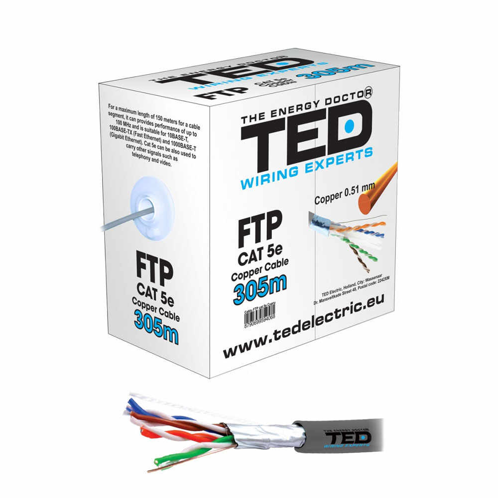 Cablu FTP Cupru integral TED A0112151, cat.5e, 4x2x0.52xAWG24, izolat, Fluke Pass, rola 305 m