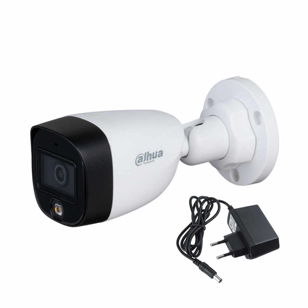 Camera supraveghere exterior Dahua Full Color HAC-HFW1209CP-LED, 2 MP, lumina alba 20 m, 2.8 mm + alimentator cadou 