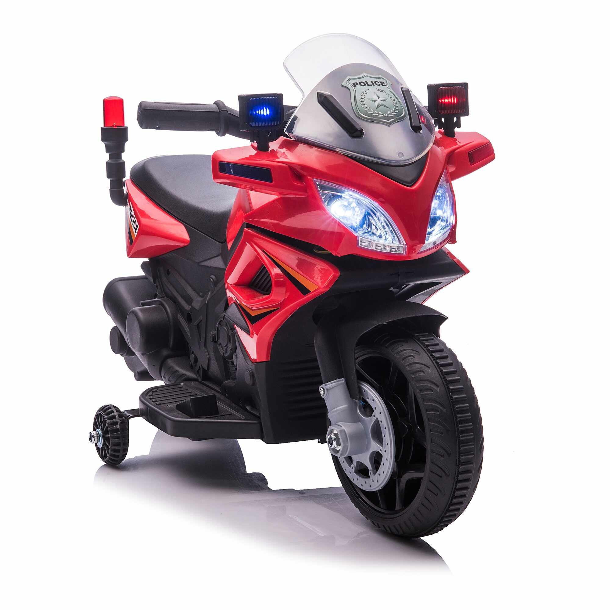 HOMCOM Motocicleta electrica pentru copii, cu sirena de politie si faruri, Viteza 3km/h si Baterie 6V Reincarcabila, 69x39x43cm, Rosu