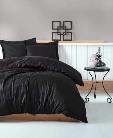 Lenjerie de pat dubla, 4 piese, 100% bumbac satinat, Cotton Box, Premium Stripe, negru