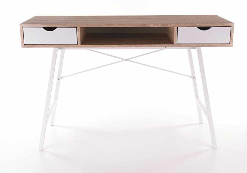 Masa de birou din MDF si metal, cu 2 sertare B-140 Stejar Sonoma / Alb, L120xl48xH76 cm