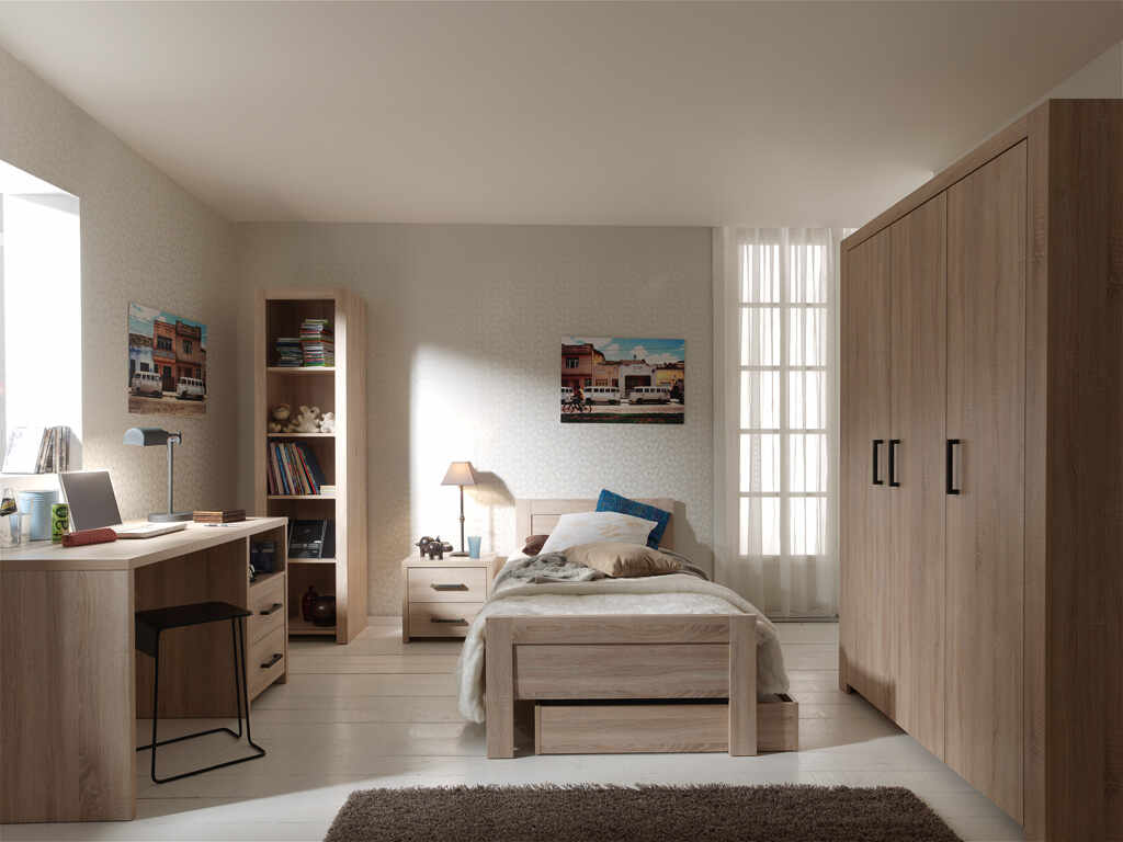 Set Mobila dormitor din pal, pentru copii 5 piese Aline Stejar deschis, 200 x 90 cm