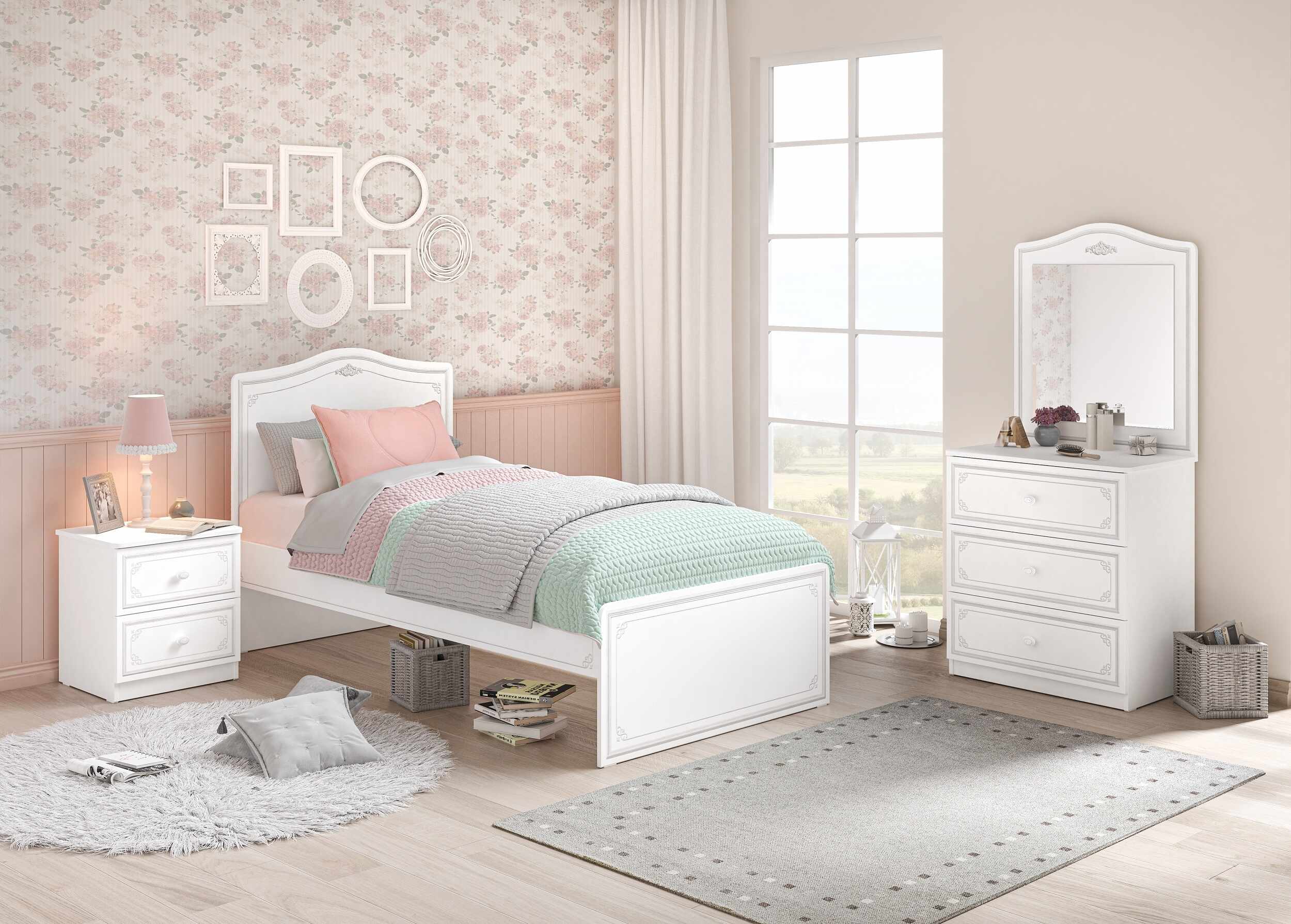Set Mobila dormitor din pal, pentru tineret 4 piese Selena Grey Alb / Gri, 200 x 100 cm