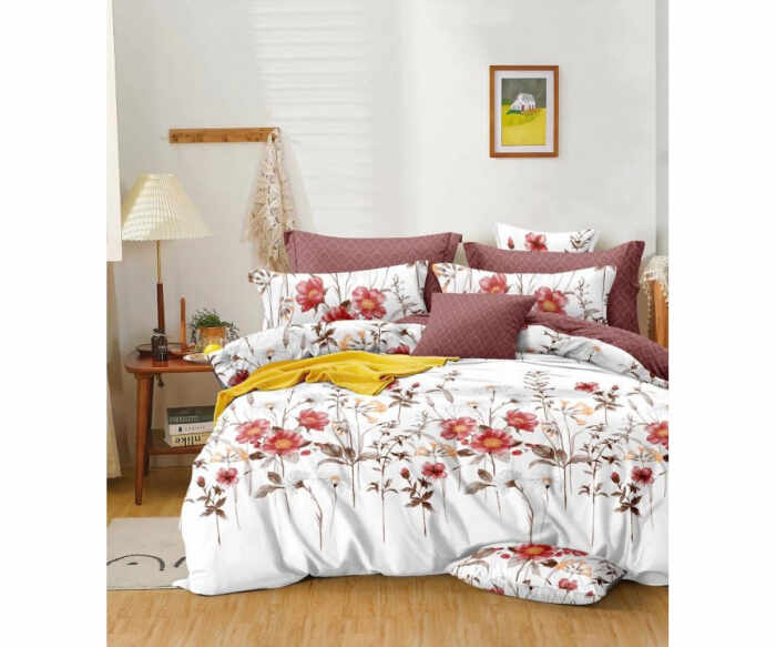 Lenjerie de pat cu 6 piese F026, material finet, Alba Motive florale rosii