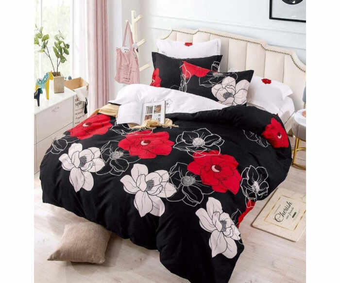 Lenjerie de pat cu 6 piese F031, material finet, Neagra Motive florale rosu, alb