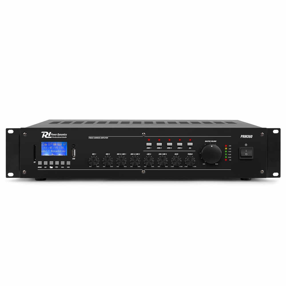 Amplificator mixer cu 6 canale si 4 zone Power Dynamics PRM360 952.156, USB/SD, Bluetooth, MP3, 360W RMS, 100V/8ohm