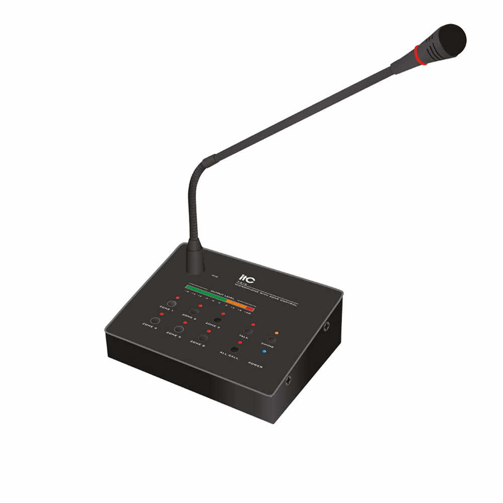 Microfon audio cu 6 zone pentru sisteme de Public Address ITC T-216, RS458, 10 W, distanta de comunicare 1 Km